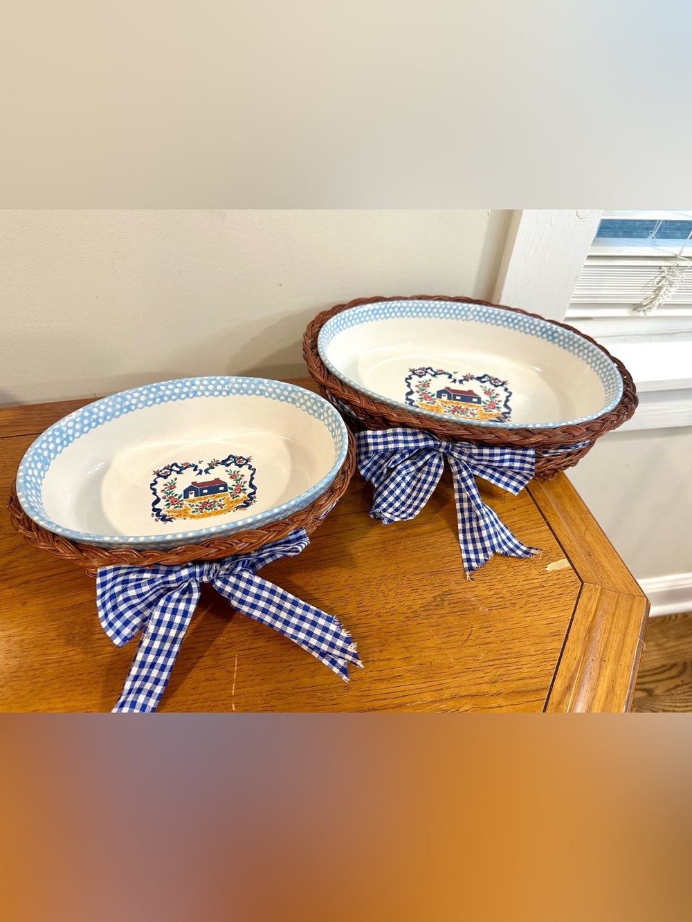 2 Blue Floral Cottage Ceramic Serving Bowls with Woven Rims and Gingham Bows